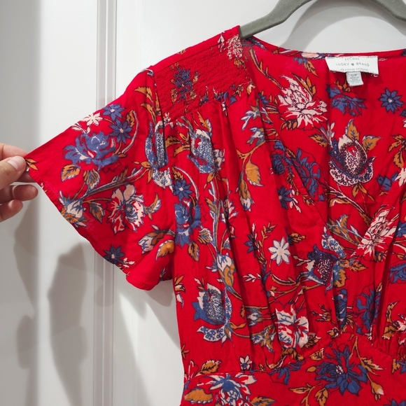 Lucky Brand Short Sleeve Vneck Mini Red Floral Dress, Tie Back, With Pockets - Picture 5 of 12
